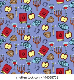 Seamless pattern with different jewish elements. Vector illustration
