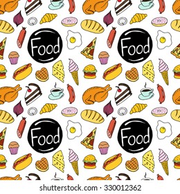 Seamless pattern of different kind of food: hot dog, chicken, omelette, pie, donut,  coffee, wafer, cheese, pizza, burger, sausage, croissant, ice-cream and other. Hand drawn illustration. Vector.