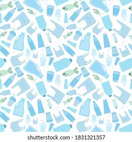 Seamless pattern with different kind of plastic garbage, ocean pollution with trash, lttle fishes, eco problem on white background