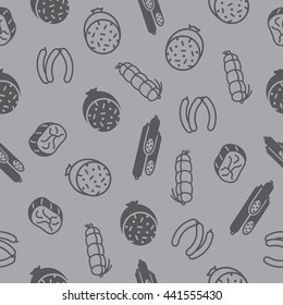 Seamless pattern with different kind of sausages.
Easy to change color. Mask is used.