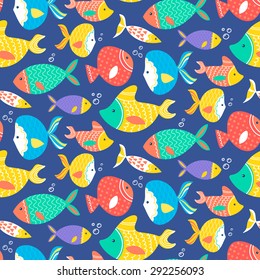Seamless pattern of different kind sea fishes hand drawn. Fully editable illustration. Perfect use for wallpapers, textile industry