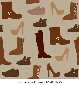 Seamless pattern with different kind of shoes. Heels, shearling and riding  boots and more.
