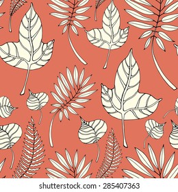 Seamless pattern with different kindes of leaves.