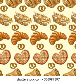 Seamless pattern with different kinds of bakery production. Vector illustration