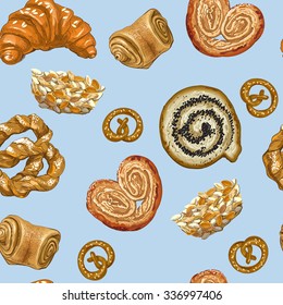 Seamless pattern with different kinds of bakery production. Vector illustration