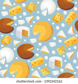 Seamless pattern with different kinds of cheese on a blue background that can be used for wrapping, textile, fabric, packaging design and other decor.