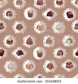Seamless pattern with different kinds of chocolate candies - milk,dark,white chocolate. Vintage style.  Endless texture for your design, announcements, cards, posters, restaurant menu.