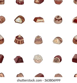 Seamless pattern with different kinds of chocolate candies - milk,dark,white chocolate. Objects on white.  Endless texture for your design, announcements, cards, posters, restaurant menu.