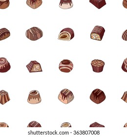 Seamless pattern with different kinds of chocolate candies - milk,dark,white chocolate. Objects on white.  Endless texture for your design, announcements, cards, posters, restaurant menu.