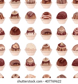 Seamless pattern with different kinds of chocolate candies - milk,dark,white chocolate. Objects on white. Endless texture for your design, announcements, cards, posters, restaurant menu.