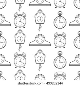 Seamless pattern with different kinds of clocks. Linear icons, objects