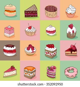 Padrão sem emenda com diferentes tipos de sobremesa. Textura infinita para o seu design, anúncios, cartões postais, cartazes, menu de restaurante.