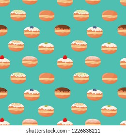 Seamless pattern with different kinds of donuts (doughnuts), powdered sugar topping, chocolate glazing, berry. Vector illustration.