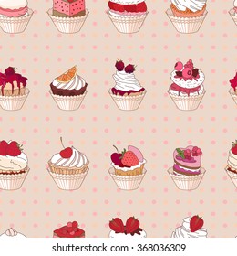 Seamless pattern with different kinds of fruit dessert. Endless texture for your design, announcements, postcards, posters, restaurant menu.