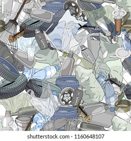 Seamless pattern with different kinds of garbage. The concept of ecology and World Cleanup Day.