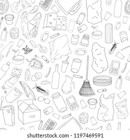 Seamless pattern with different kinds of garbage isolate on white. The concept of ecology and World Cleanup Day.