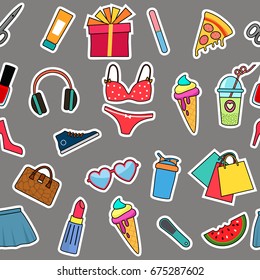 A seamless pattern of different kinds of goods, products, cosmetics. The concept of sales and discounts. Flat vector illustration