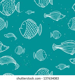 Seamless pattern with different kinds of hand drawn cartoon fish. Vector background.