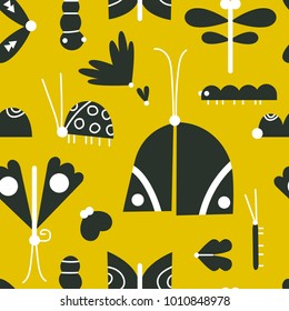 The seamless  pattern with different kinds of insects.  Flat children background for your design.Textile, blog decoration, banner, poster, wrapping paper.