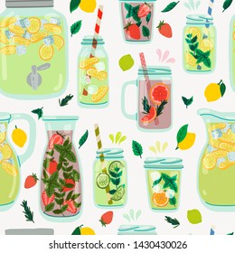 Seamless pattern with different kinds of lemonade. Repeating flat style mason jar, drink dispenser, bottle and pitcher with cooling drinks. Backdrop with infused water in cartoon glass and lemon fruit