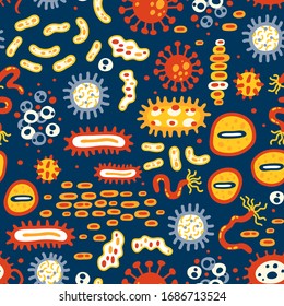 Seamless Pattern With Different Kinds Of Microorganisms On Dark Blue Background. Viruses. Bacteria Biology Organisms Seamless Pattern.