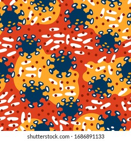 Seamless pattern with different kinds of microorganisms on dark blue background. Viruses. Bacteria biology organisms seamless pattern.