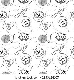 Seamless pattern of different kinds of needlework items, hand-drawn doodles in sketch style. Buttons, thread and needles. Silhouettes on white background.