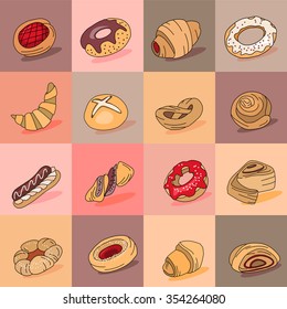 Seamless pattern  with different kinds of pastry. Sweet desserts, various taste. For restaurant design, posters, announcements, cafe menu etc.