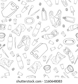 Seamless pattern with different kinds of plastic garbage isolate on white. The concept of ecology and World Cleanup Day.