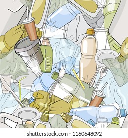 Seamless pattern with different kinds of plastic garbage. The concept of ecology and World Cleanup Day.