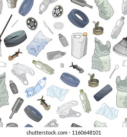 Seamless pattern with different kinds of plastic garbage isolate on white. The concept of ecology and World Cleanup Day.