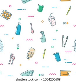Seamless pattern with different kinds of plastic .  Memphis style colorful flat line illustration. 