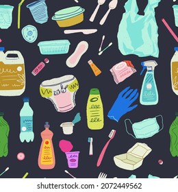 Seamless pattern with different kinds of plastic garbage drawn in flat style. Concept of ecology and World Cleanup Day. Hand drawn texture with single use plastic trash, shows environmental problems.