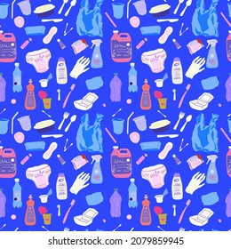 Seamless pattern with different kinds of plastic garbage drawn in flat style. Concept of ecology and World Cleanup Day. Hand drawn texture with single use plastic trash, shows environmental problems.