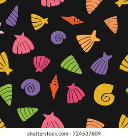 Seamless pattern with different kinds and shapes of seashells silhouettes isolated on black background. Perfect for backdrop, textile, wallpaper design in modern colorful playful style.