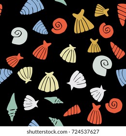 Seamless pattern with different kinds and shapes of seashells silhouettes isolated on black background. Perfect for backdrop, textile, wallpaper design in modern colorful playful style.