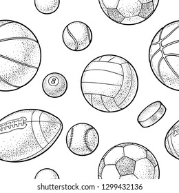 Seamless pattern different kinds sport balls isolated on white background. Vintage black vector engraving illustration for label, poster, web.