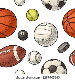 Seamless pattern different kinds sport balls isolated on white background. Vintage color vector engraving illustration for label, poster, web.