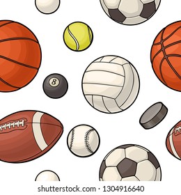 Seamless pattern different kinds sport balls isolated on white background. Vintage color vector flat illustration for label, poster, web.