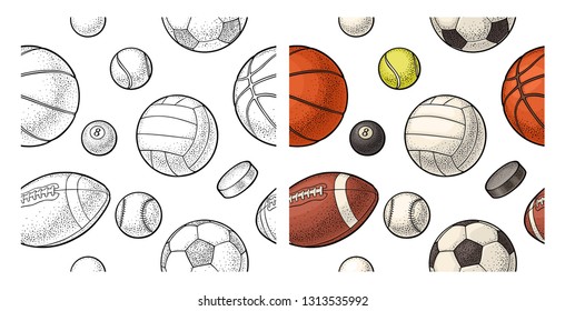 Seamless pattern different kinds sport balls isolated on white background. Vintage color vector engraving illustration for label, poster, web.