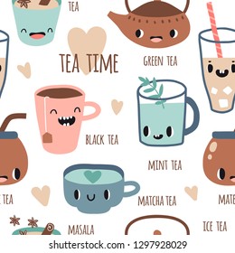 Seamless pattern with different kinds of tea with smile faces. Vector illustration flat style. Green, black tea, matcha, masala, mint, chamomile, ice tea. Funny characters cute hand drawn texture