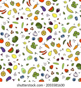 Seamless pattern of different kinds of vegetables, greens and fruits. Various doodles, simple hand drawn sketches