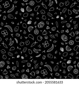 Seamless pattern of different kinds of vegetables, greens and fruits on a black backgound. Various doodles, simple hand drawn sketches