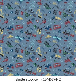 Seamless pattern with different kinds of vehicles such as truck, tank car, crane, excavator etc. to serve as textile print or background