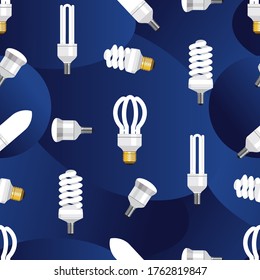 seamless pattern of different lamps on a blue abstract background. lamps are energy-saving, modern. it can be used for design of electrical goods. stock vector illustration. EPS 10.