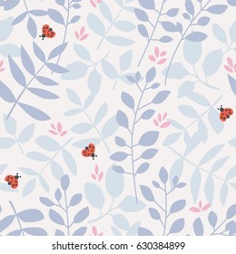 seamless pattern with different leaves and ladybugs