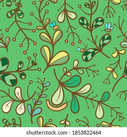 Seamless pattern with different leaves on green background. Vector print with plants and insects. Herbal cartoon poster.