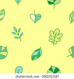 Seamless pattern with different leaves on yellow background. Vector print with plants.