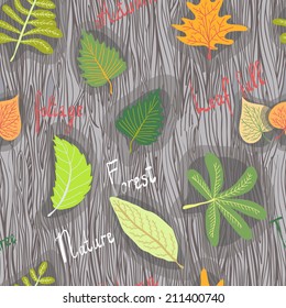 Seamless pattern with different leaves on a background of wood texture