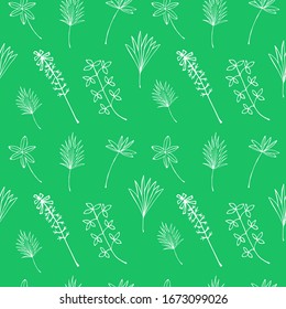 Seamless pattern of different leaves, vector illustration, white lines on a green background